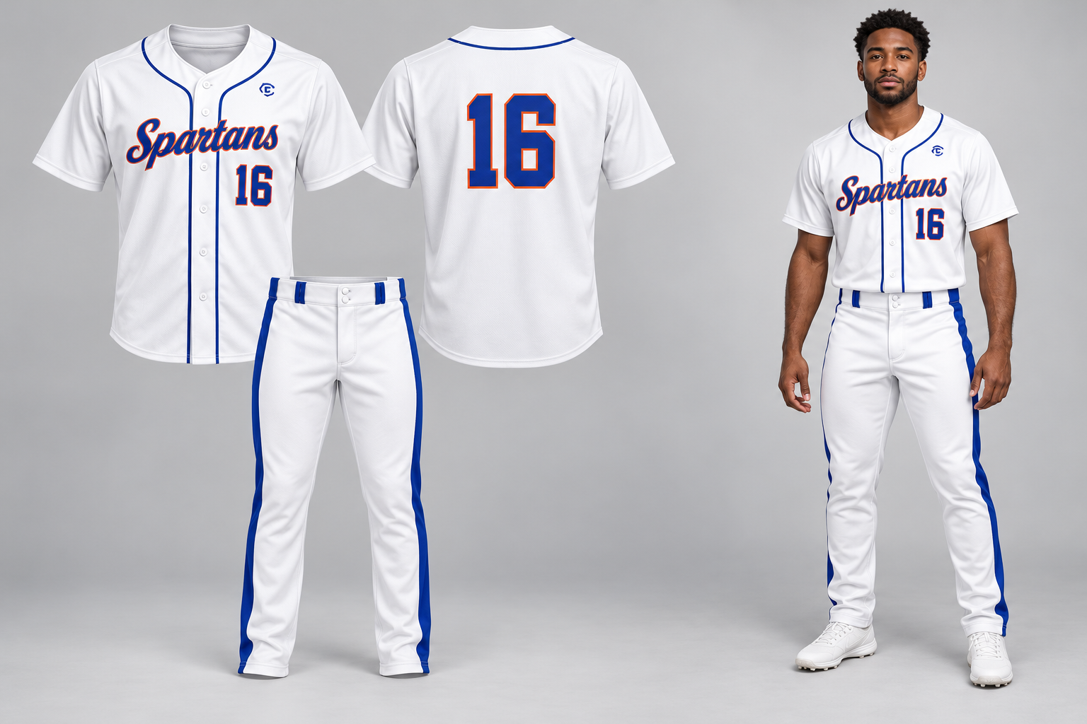 Spartans baseball jersey and pants sample board