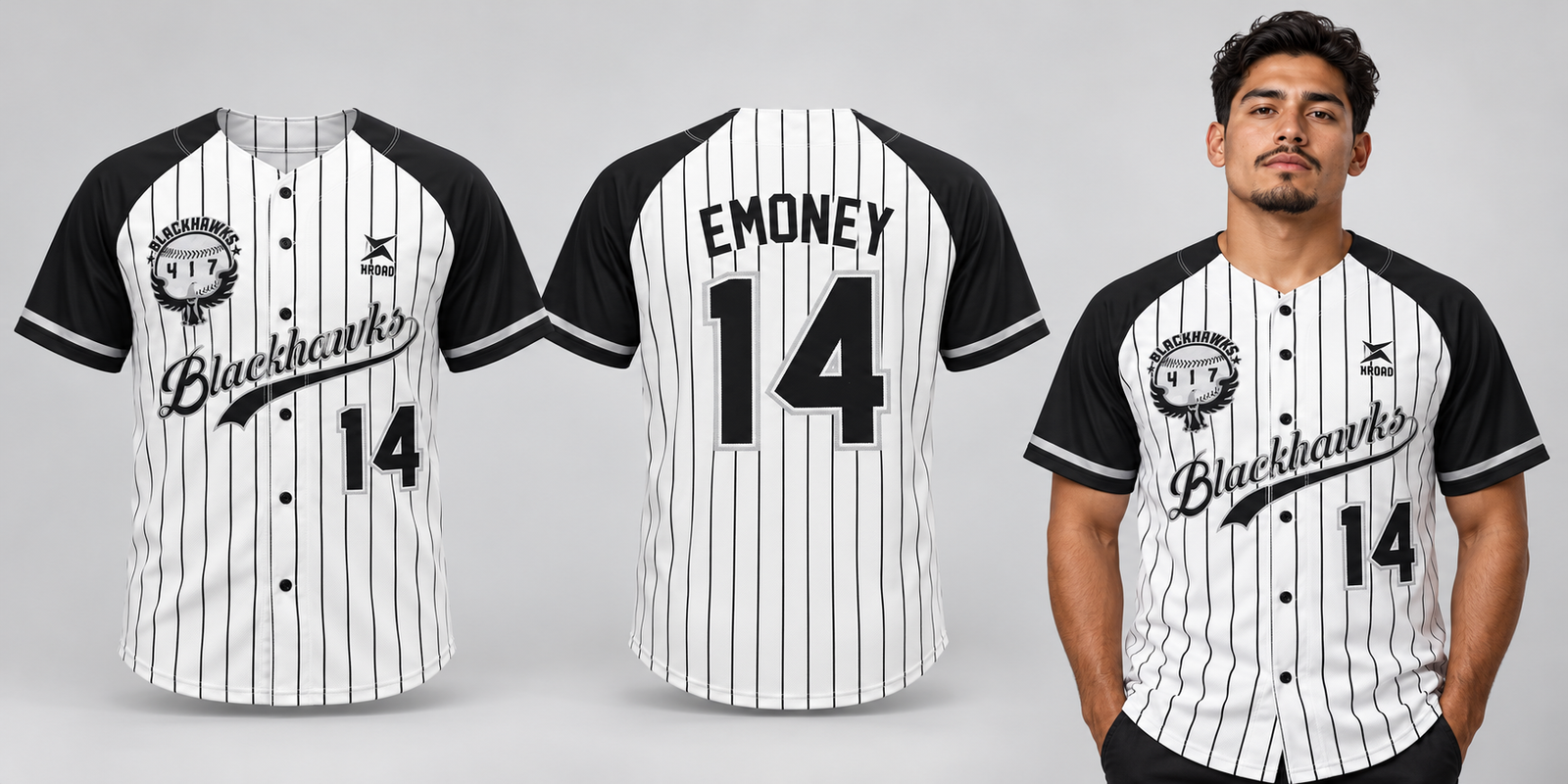 Custom Blackhawks-style baseball jersey sample board