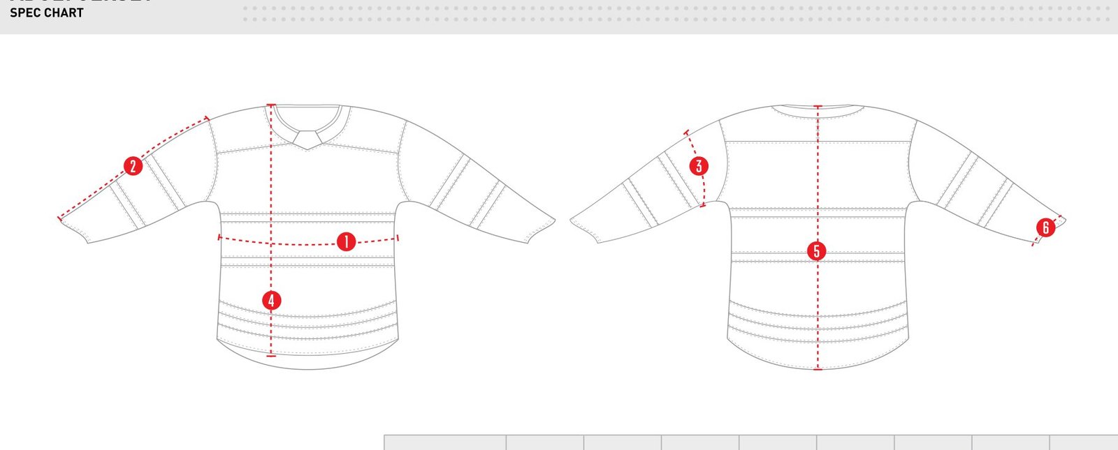 How to measure an ice hockey jersey: chest width, sleeve length, muscle width, front and back body length, and sleeve opening