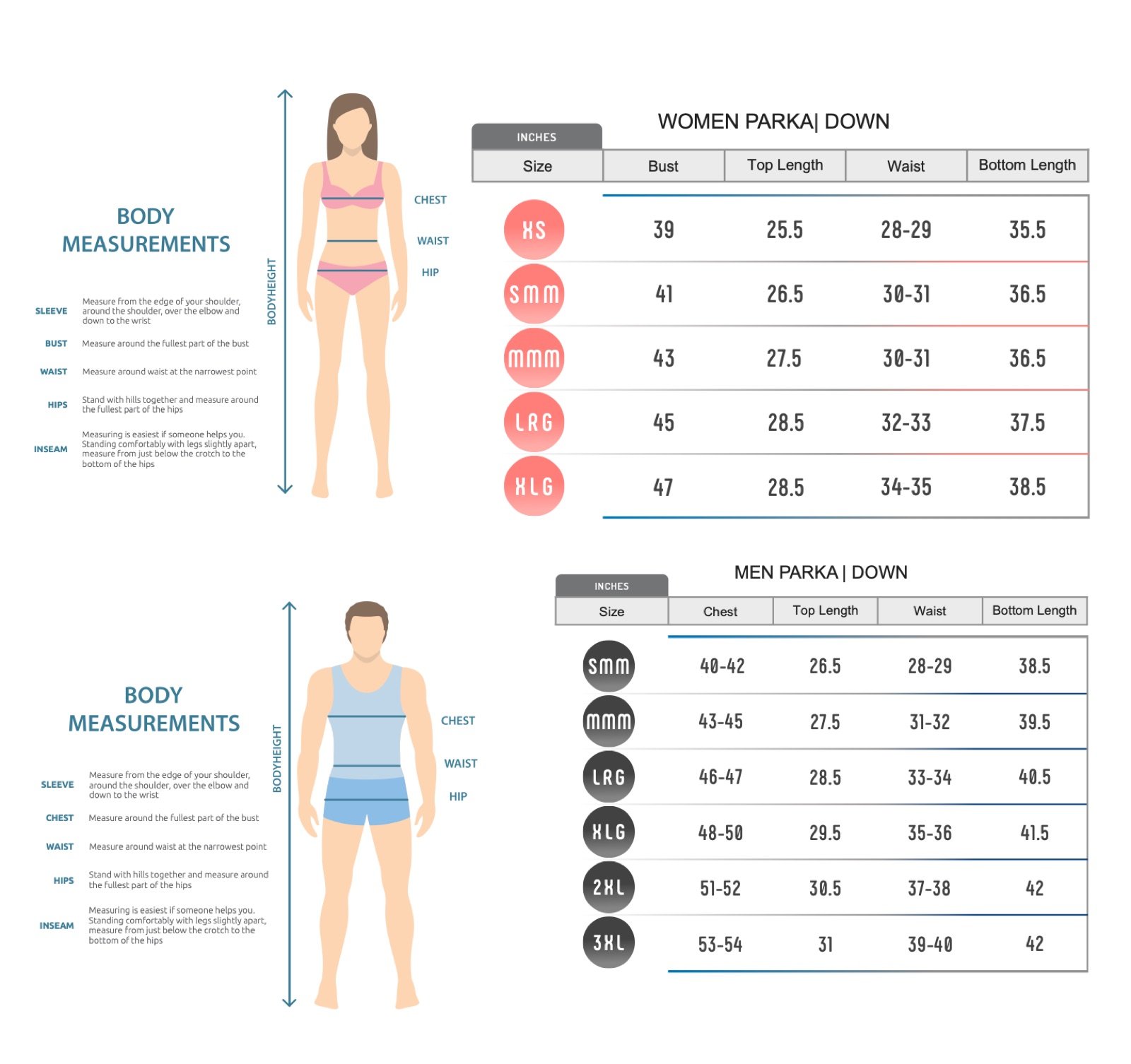 XROAD Sports women and men parka down jacket size chart with measurement guide